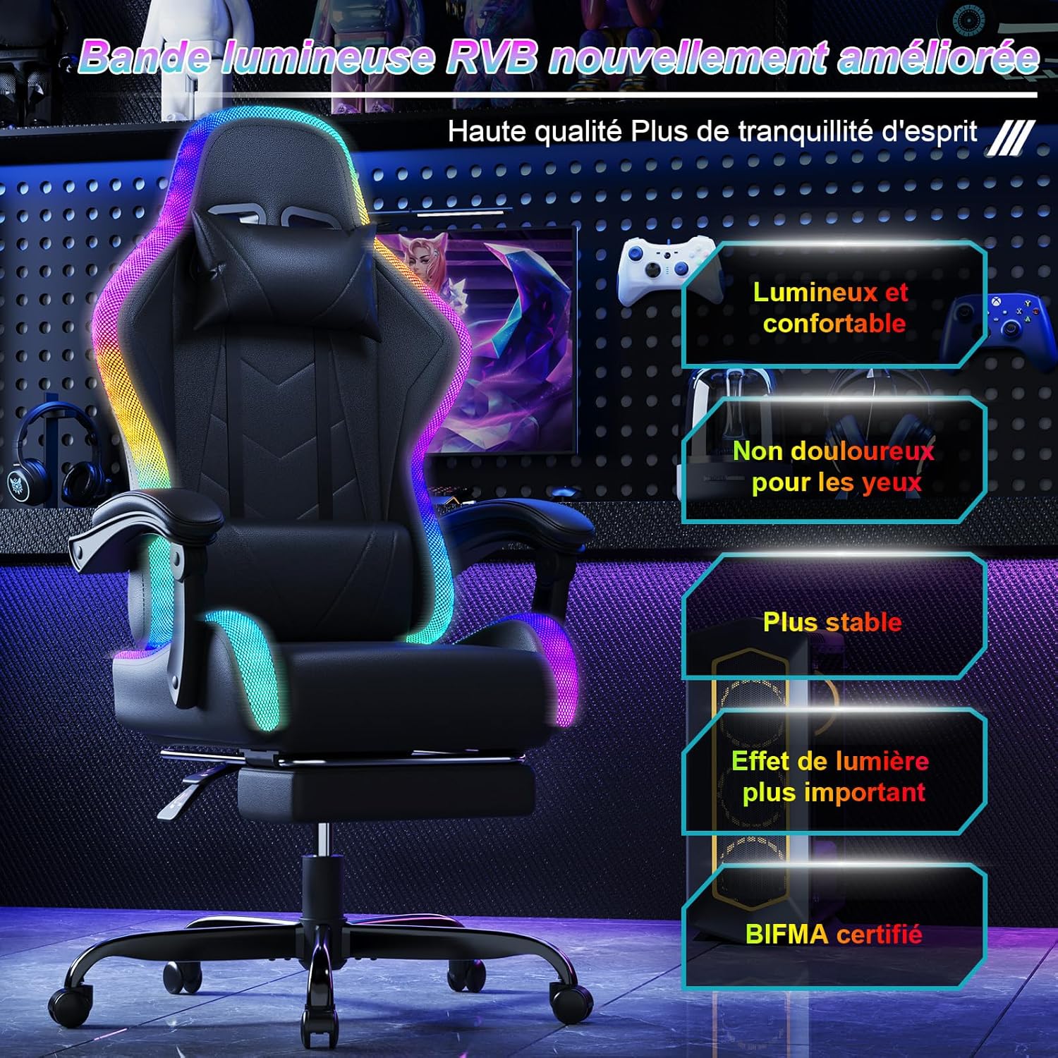 Devoko Chaise Gaming Ergonomique avec LED RGB, Massage Lombaire & Repose-Pieds – Fauteuil Gamer avec Appui-tête réglable – Dossier inclinable & Hauteur Ajustable – 180 kg – Noir – Image 7