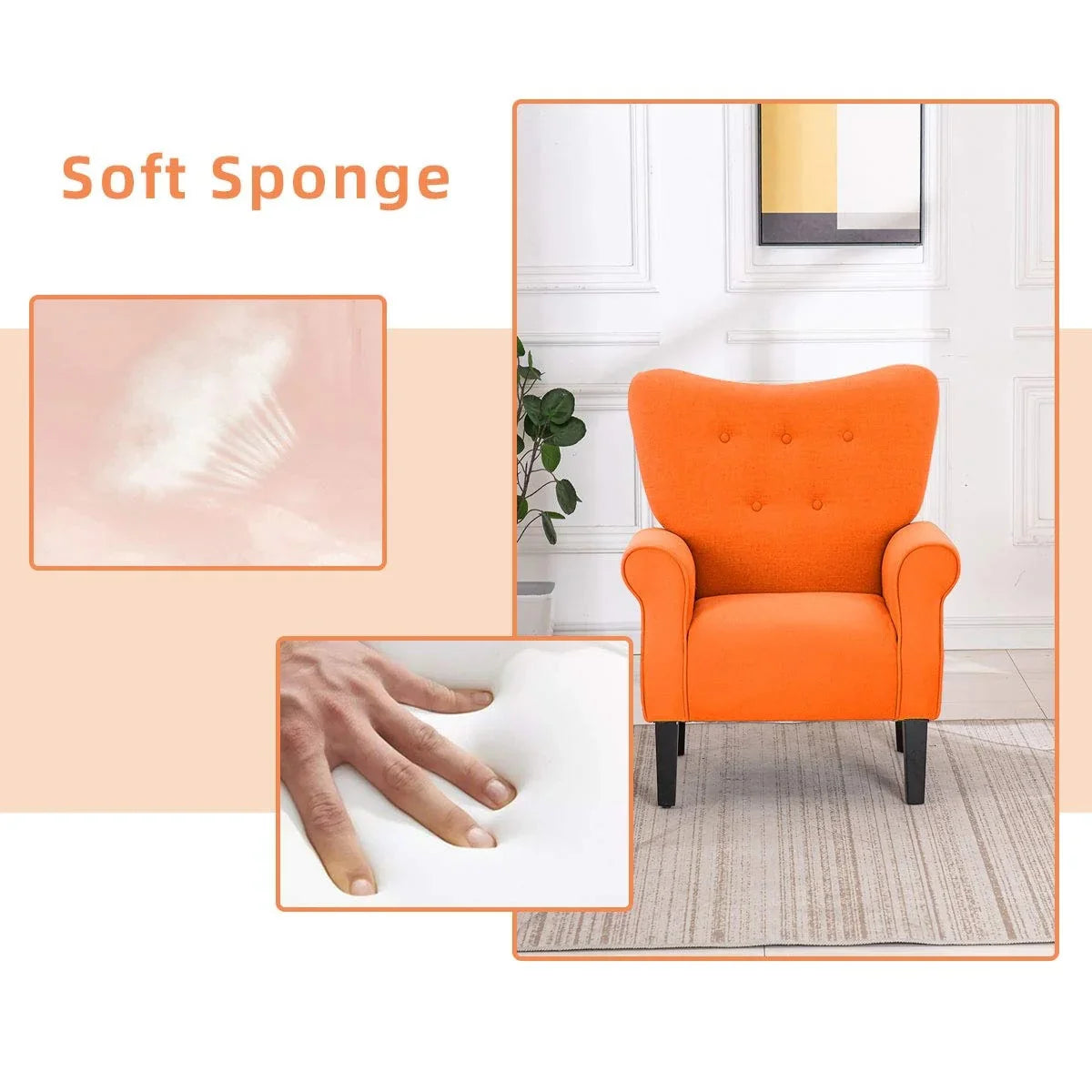 Erommy Modern Accent Chair, High Back Armchair, Upholstered Fabric Button Single Sofa with Wooden Legs for Living Room – Image 41