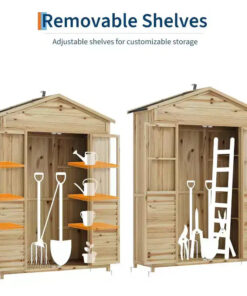 Alternative view of Weather-Resistant Wooden Patio Cabinet  Fir Wood with Waterproof Roof, 6 Adjustable Shelves, Stakes & Anti-Falling Kits  Ideal for Garden Tools