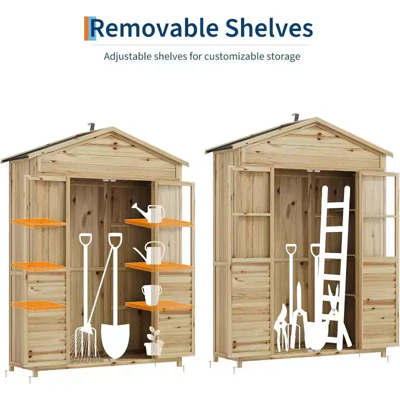 Weather-Resistant Wooden Patio Cabinet Fir Wood with Waterproof Roof, 6 Adjustable Shelves, Stakes & Anti-Falling Kits Ideal for Garden Tools – Image 2