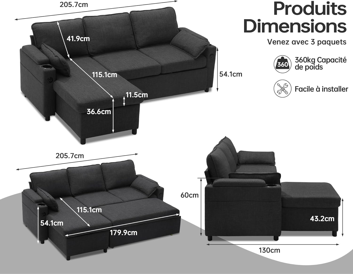 DURASPACE Canapé d'angle Convertible, Canapé Lit 3 Places en L avec Chaise Réversible, Canapé avec Rangement, Port USB et Porte-gobelet – Image 2