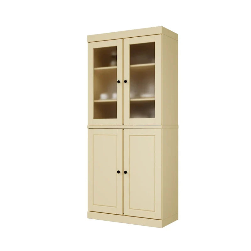 100% Solid Wood Pantry Cabinet with Frosted Glass Doors, Solid Doors, 2-Drawers and Adjustable Shelves – Image 32
