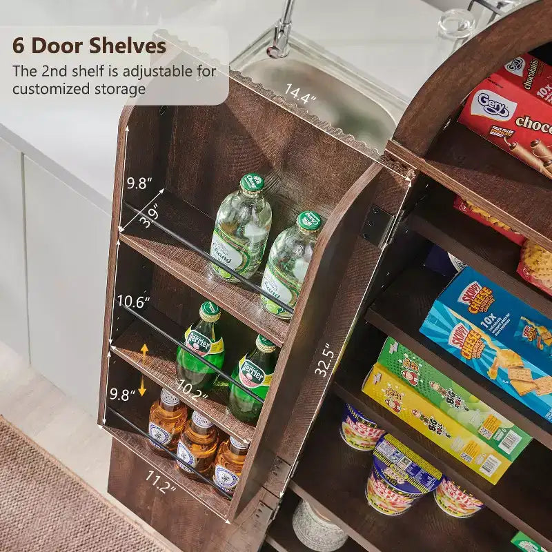 71 Tall Arched Kitchen Pantry, Modern Storage Cabinet with 3 Adjustable Shelves, 6 Door Shelves, for Kitchen, Living Room – Image 26