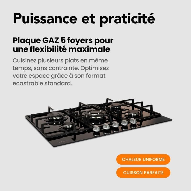 Plaque gaz 5 feux en verre noir - Brûleurs et grilles en fonte - 10 800 Watts encastrement 56x49 cm – Image 3