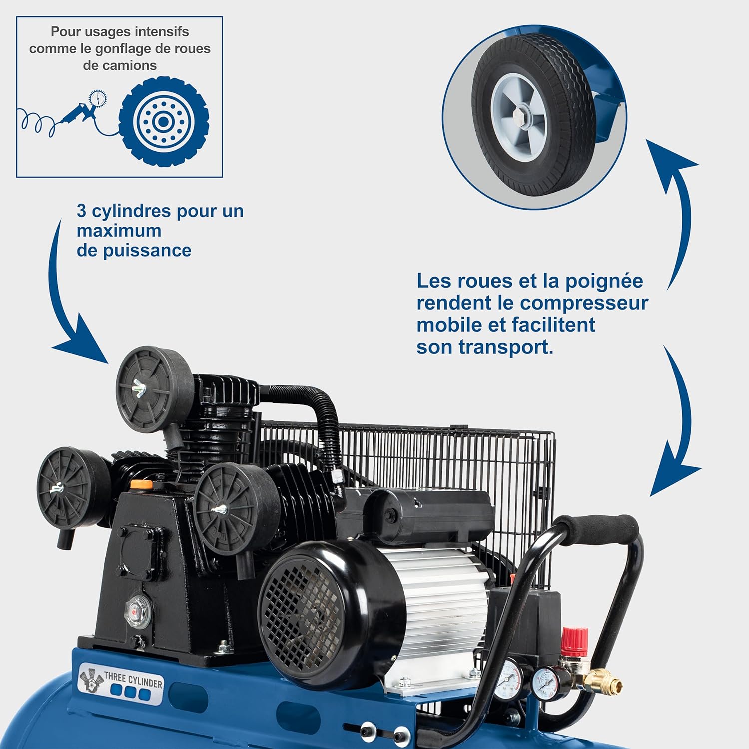 Scheppach Compresseur à air HC550TC – 400 V – 3000 W / 3 PS – Tri-cylindres – Cuve 100 L – 10 bar – Entraînement par courroie – Puissance d'aspiration 550 L/min – Transport facile – Image 7