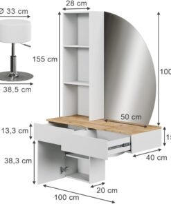 Alternative view of Vicco Coiffeuse Melora, Blanc/chêne, 100cm avec Miroir LED et Tabouret