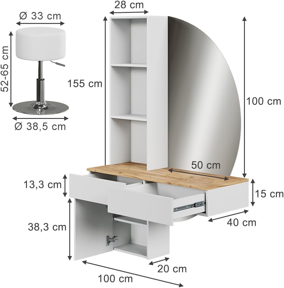 Vicco Coiffeuse Melora, Blanc/chêne, 100cm avec Miroir LED et Tabouret – Image 2