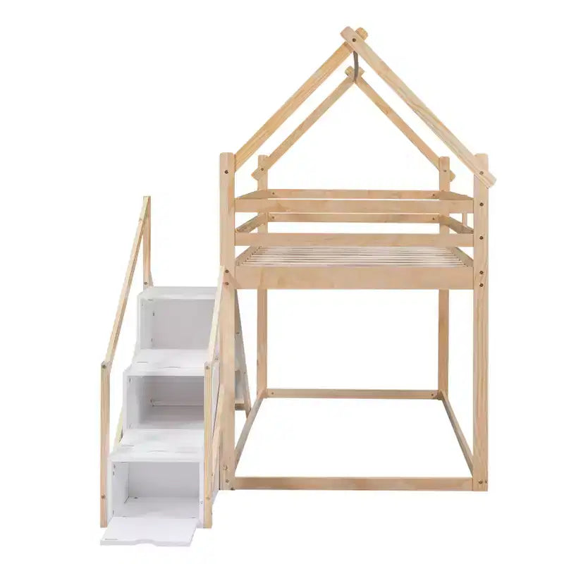 House Bunk Beds with Slide and Storage Stairs, Kids Wood Twin over Twin Bunk Bed with Roof and Stairs for Girls Boys – Image 10