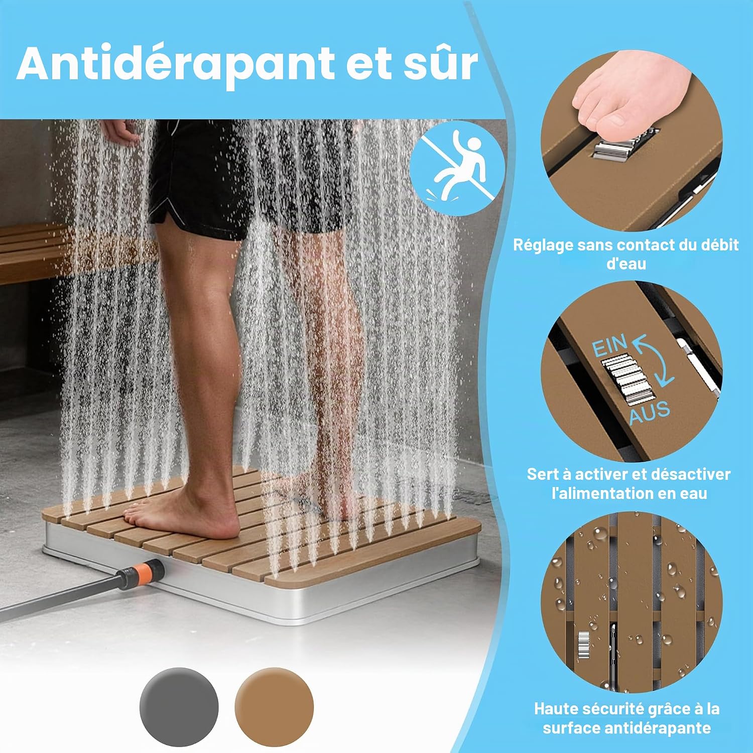 UISEBRT Douche de jardin en WPC et aluminium - Douche au sol mobile Douche solaire Douche de camping - Hauteur de jet réglable jusqu'à 4m - pour piscine Jardin Terrasse (Rectangulaire - Brun) – Image 4