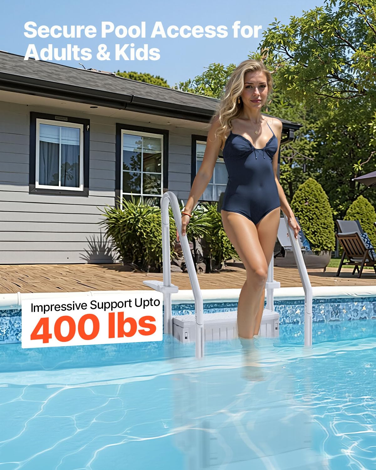 VEVOR Escalier de Piscine en Plastique avec 2 Rampes, 4 Marches Antidérapantes, Capacité de Charge 181,4 kg, pour Piscines Creusées 122-137 cm, Terrasse, Jardin, Maison, Intérieur, Extérieur, Gris – Image 3