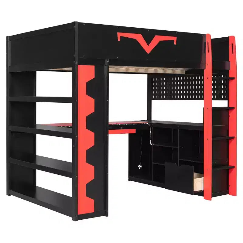 Luxystar Modern Gaming Full Loft Bed With Lighted Desk And Keyboard Tray, Pegboard, Storage Bookcase – Image 12