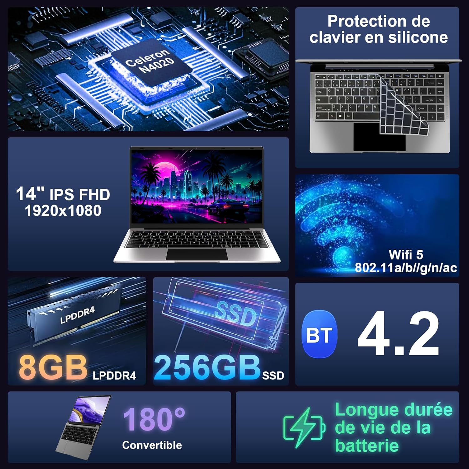 Ordinateur PC Portable 14 Pouces 8+256Go Win11 Celeron N4020 Support 1 To SSD Expansion 2.4G+5G WiFi Bluetooth 4.2 USB HDMI 1920 x 1080 FHD avec souris sans fil & Membrane de clavier AZERTY - Argent-1 – Image 2