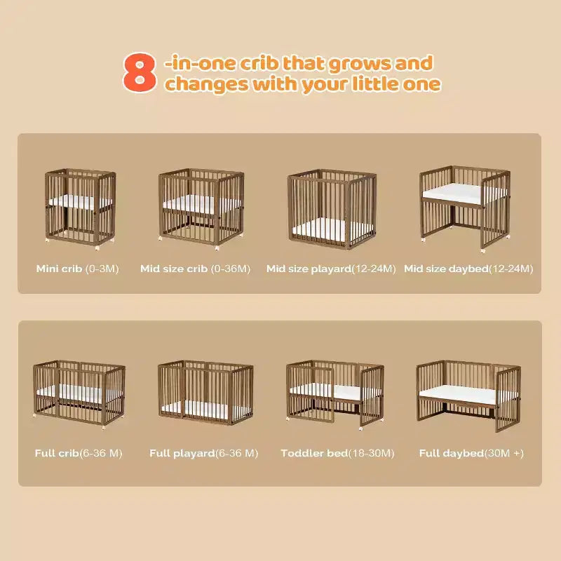 JOYMOR 8 in 1 Convertible Crib, Include 2 Mattress, Converts to Bassinet, Mid Crib, Full Size Crib, Daybed,Toddler Bed and Playard – Image 2