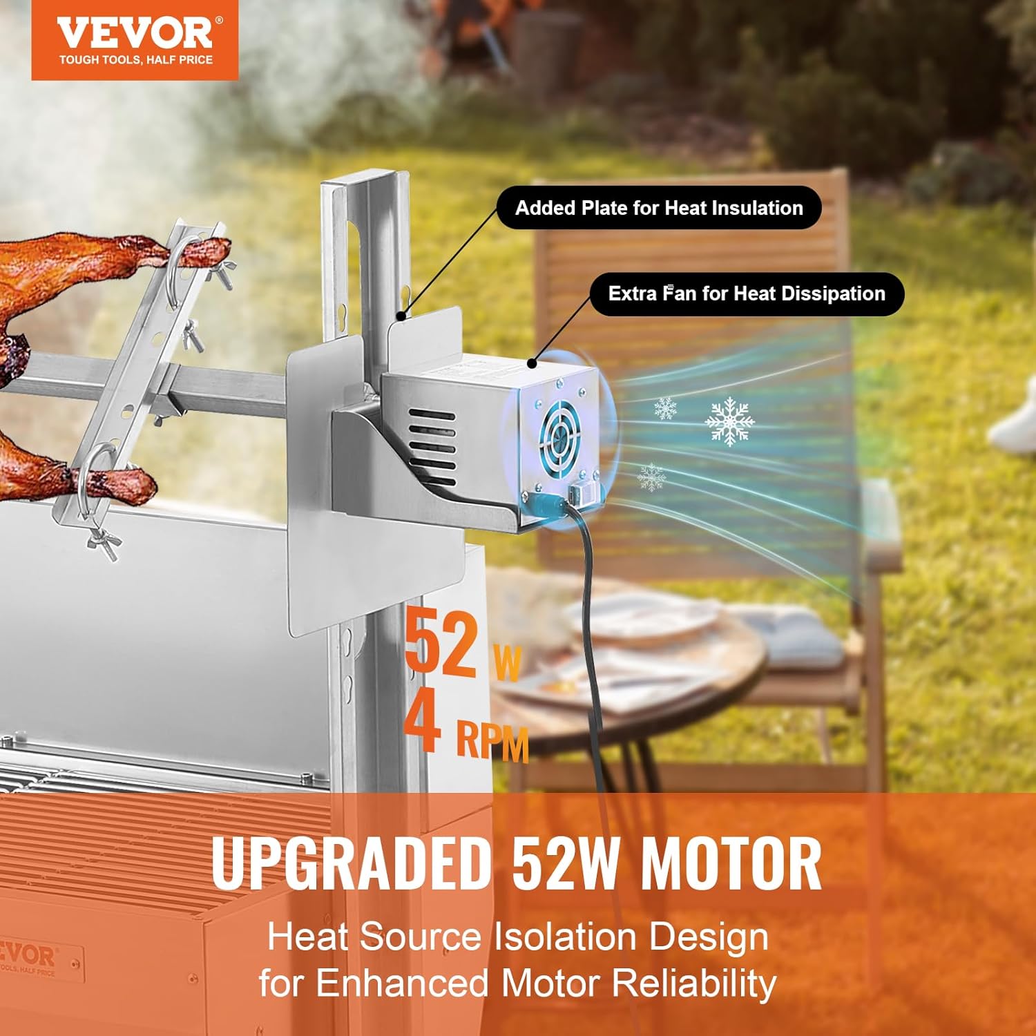 VEVOR Barbecue à Charbon avec Tournebroche Électrique 52 W Charge 90 kg, Rôtissoire Barbecue 118,5 cm, en Inox, avec Pare-Brise et Roues Verrouillables, pour Rôtir Agneau Porcelet Poulet Camping – Image 2