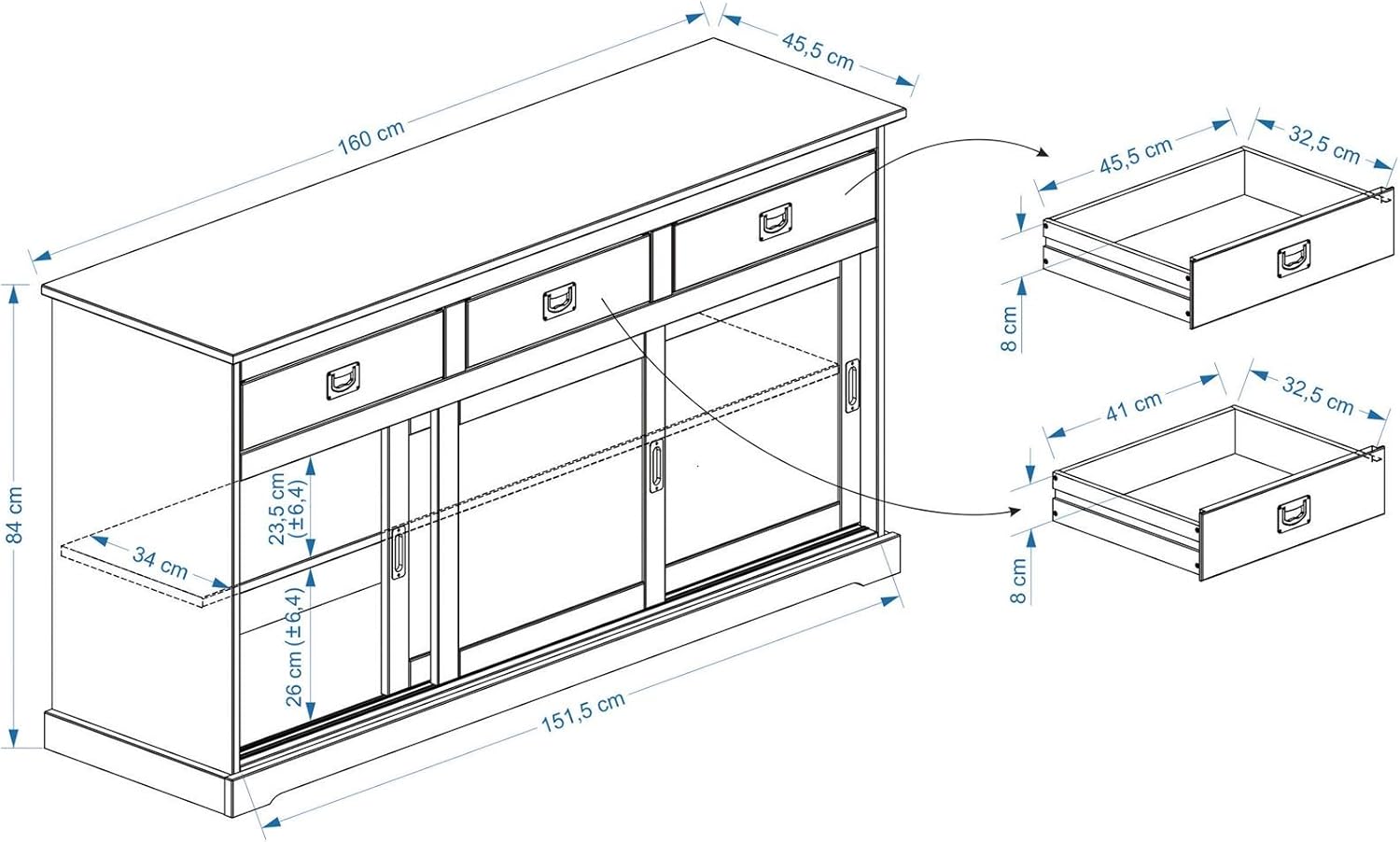 IDIMEX Buffet Savona bahut vaisselier Commode avec 3 tiroirs et 3 Portes coulissantes, en pin Massif lasuré Brun – Image 3