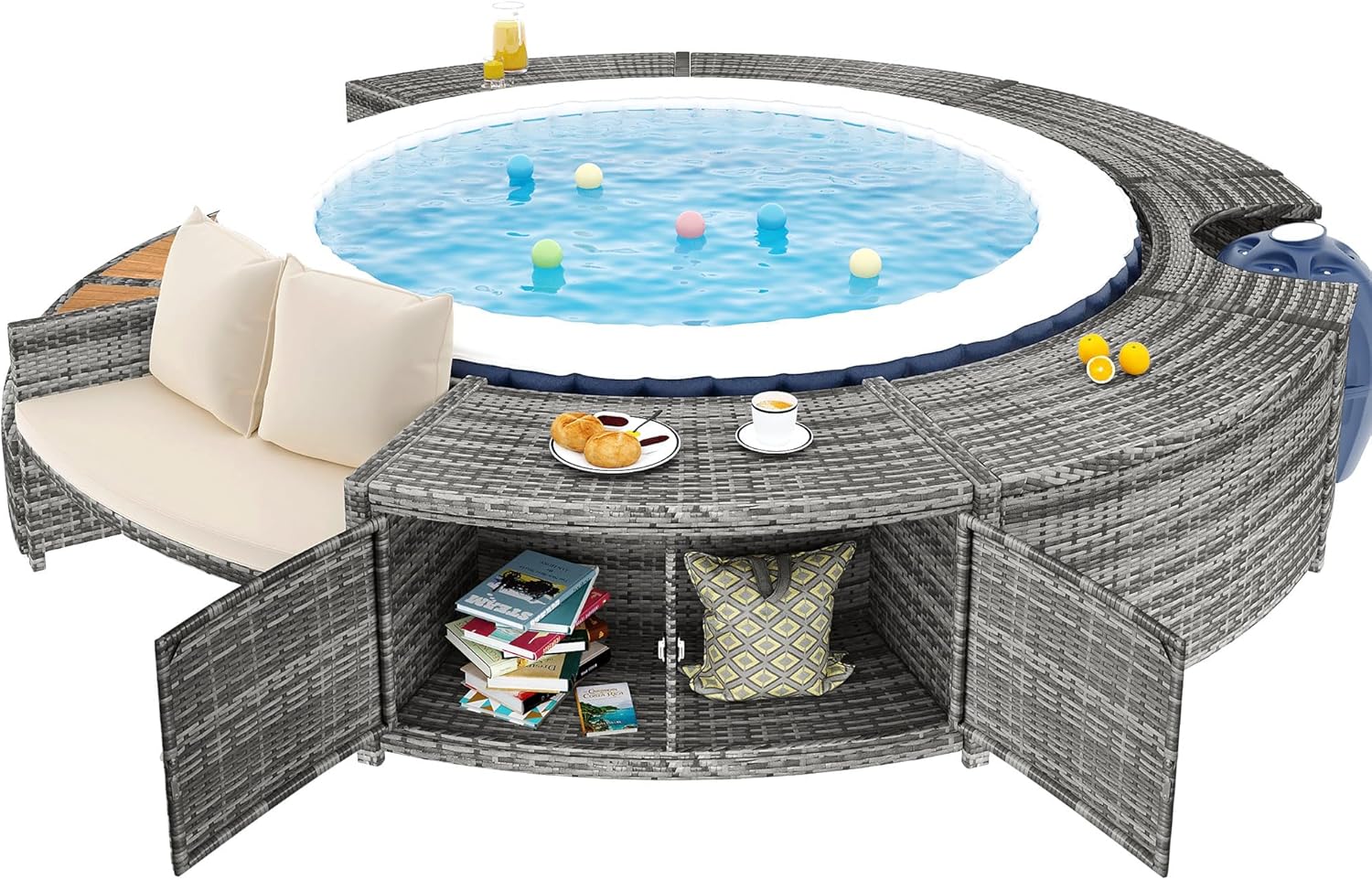 Spa Piscine Salon de Jardin Bordure de Piscine PE Gris Rotin et Bois d'acacia avec Espace de Rangement Salon Salon pour Jacuzzi et Piscine – Image 4