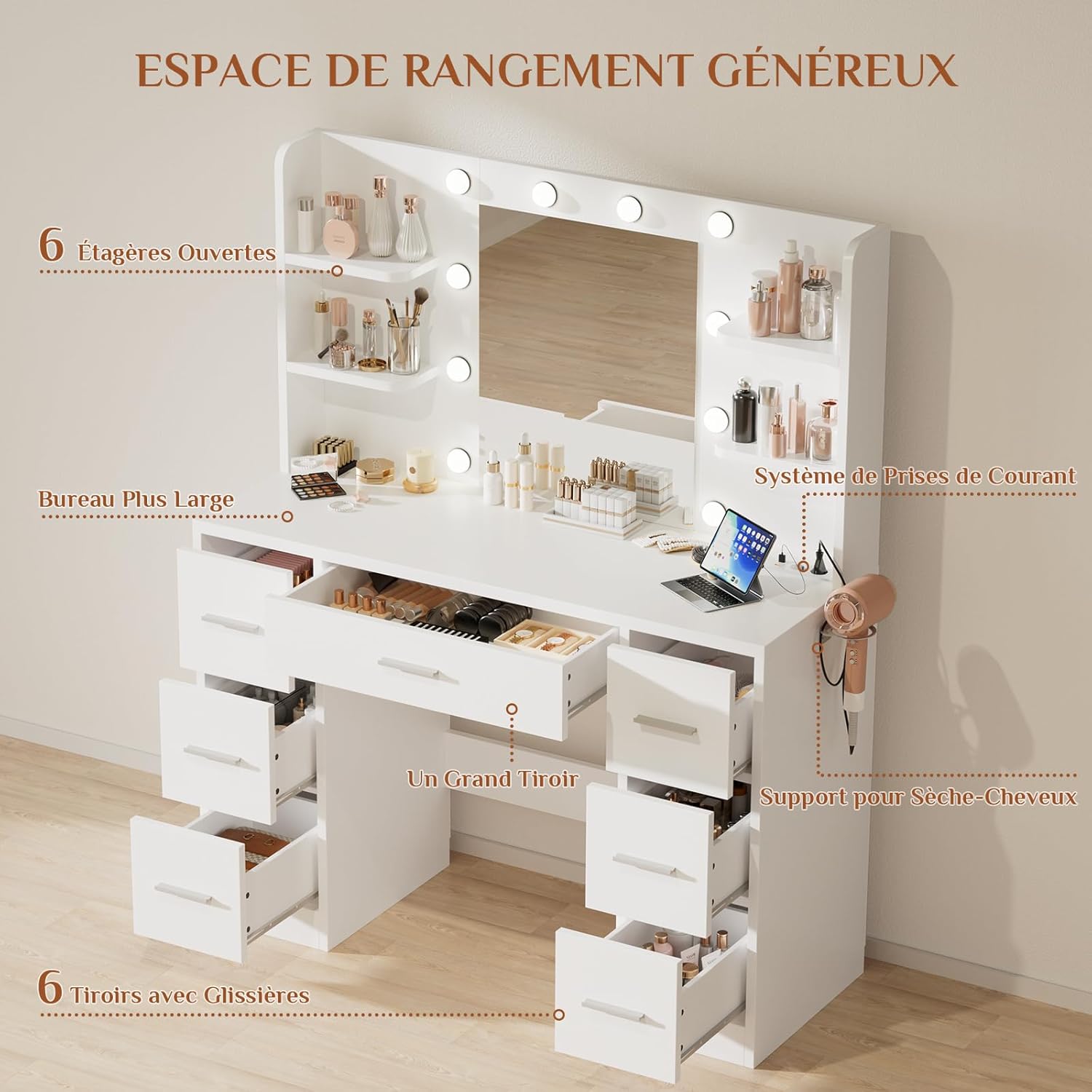 JUMMICO Coiffeuse avec Miroir et Prise, 10 Ampoules LED à 3 Modes de Lumière, Table de Maquillage avec Rangement, 7 Tiroirs, 4 Étagères, Support pour Sèche-Cheveux, Meuble Moderne de Chambre Blanc – Image 4