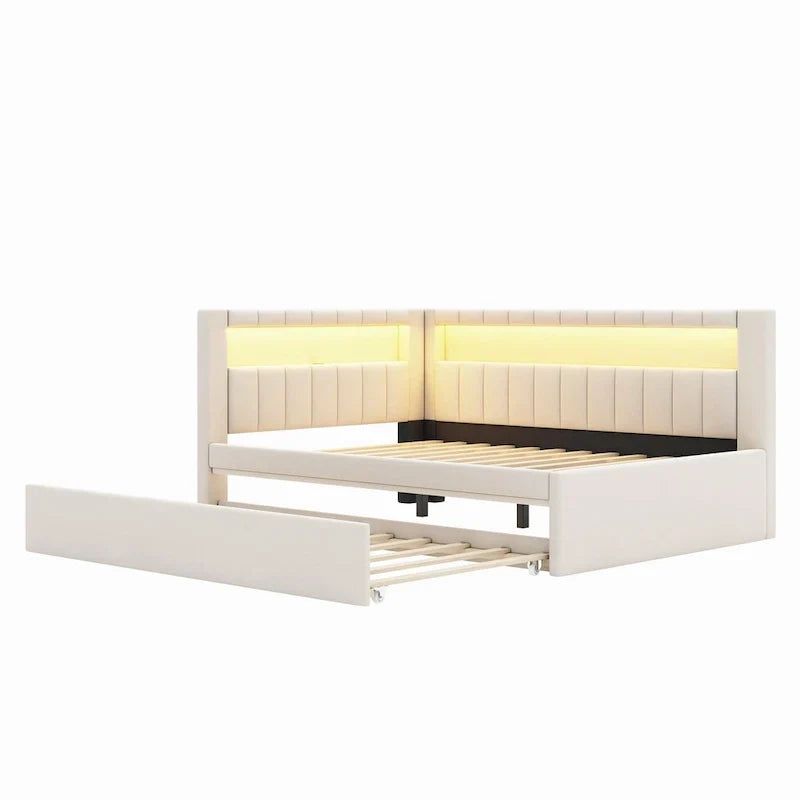 Upholstered Platform Bed with USB Ports & LED Lighting - Full/Twin Size Bed Frame with 2 Storage Drawers - Modern Bedroom – Image 31