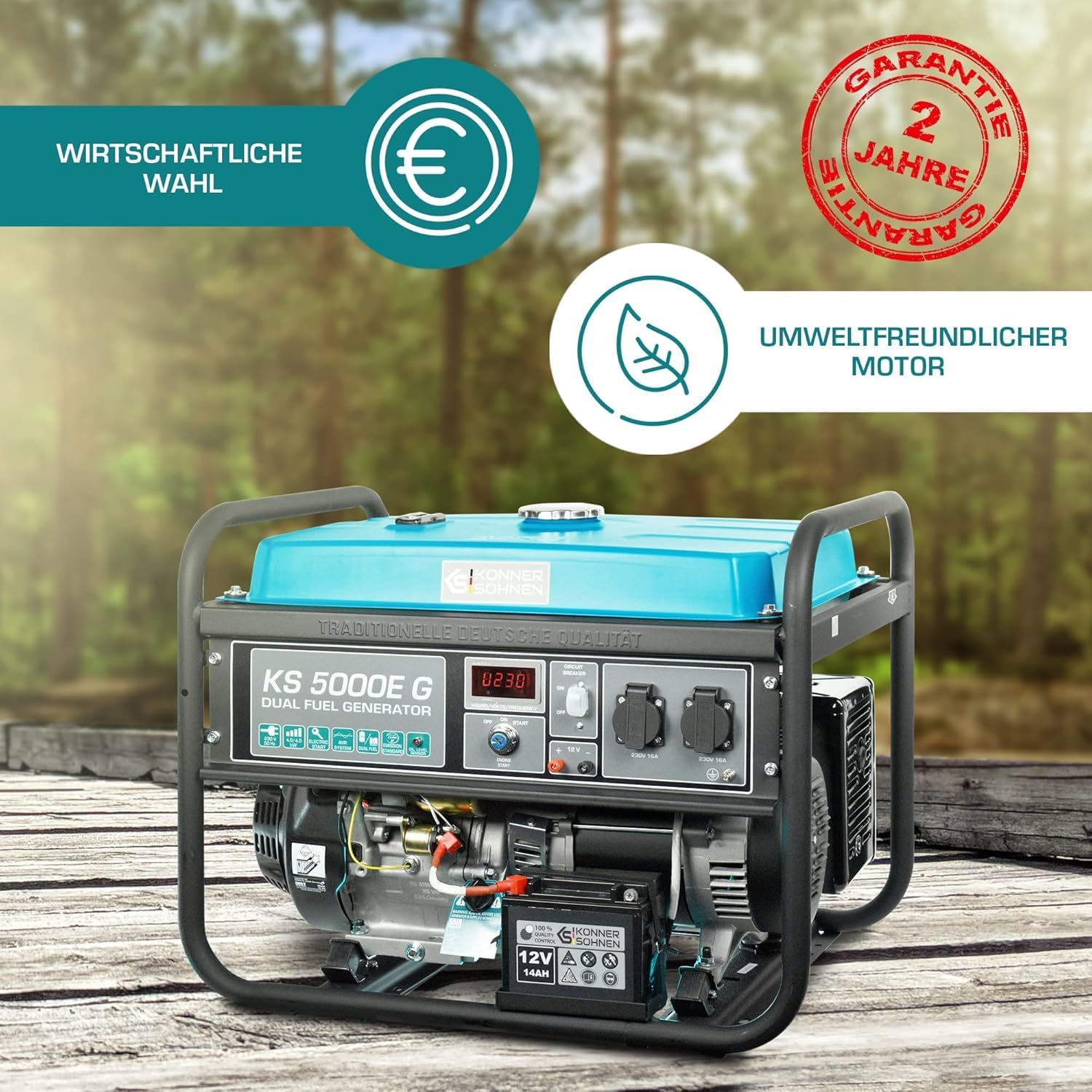 Groupe électrogène à essence/gaz KS 5000E G Könner & Söhnen, puissance maximale 4500W, démarrage manuel/électrique, prises 2x16A, 12 V, régulateur de tension automatique (AVR), affichage LED. – Image 5
