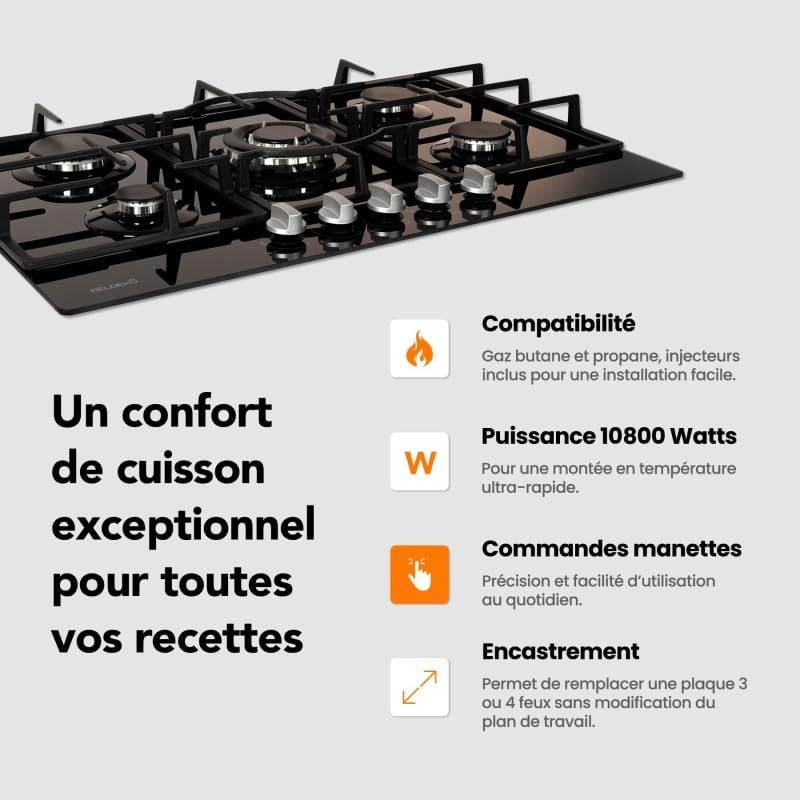 Plaque gaz 5 feux en verre noir - Brûleurs et grilles en fonte - 10 800 Watts encastrement 56x49 cm – Image 5