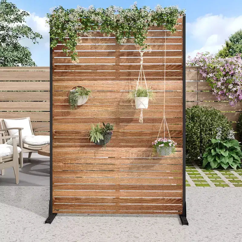 MAYEERTY 72 inch Room Divider with Galvanized Frame Wood Gain Privacy Screen Garden Fence Patio Beige – Image 2
