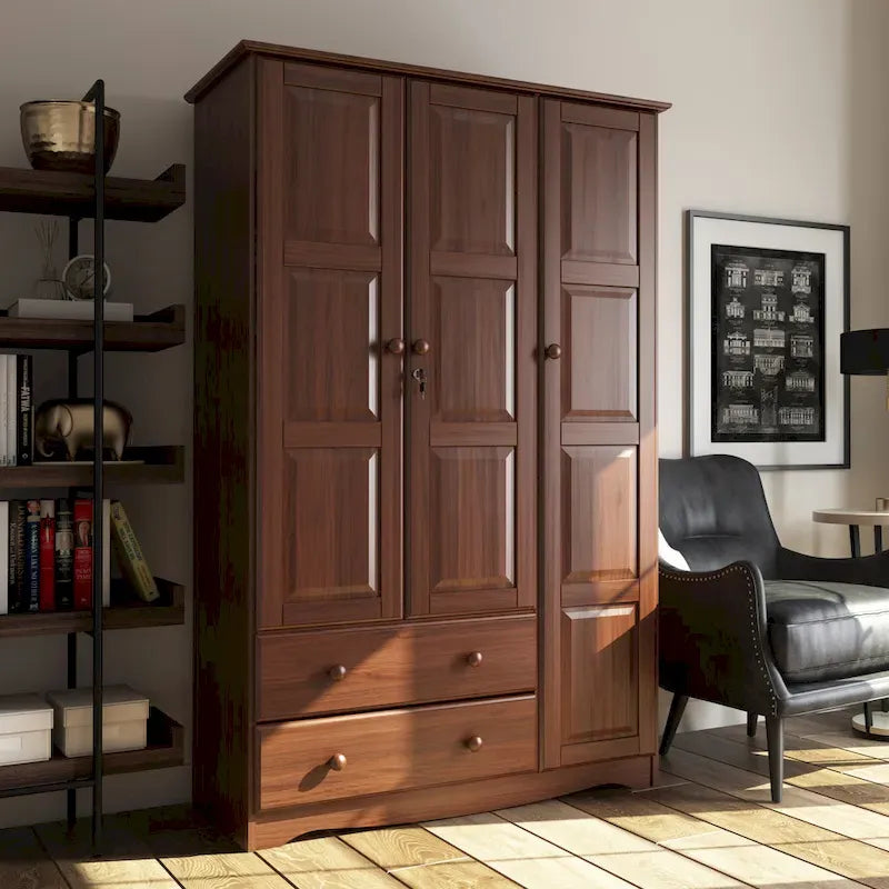 3-Door Wardrobe Armoire - White/Mocha/Java - Solid Wood – Image 2