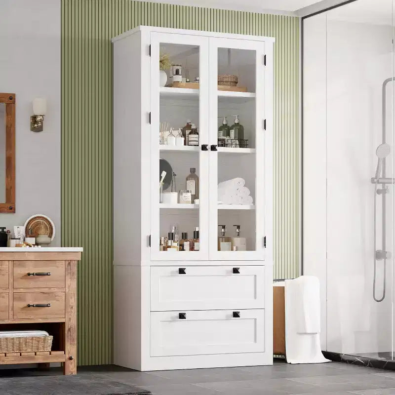 Farmhouse Kitchen Pantry Cabinet with Glass Doors, 72in Storage Cupboard with Drawers and Adjustable Shelves for Dining Room Bathroom Living Room – Image 28