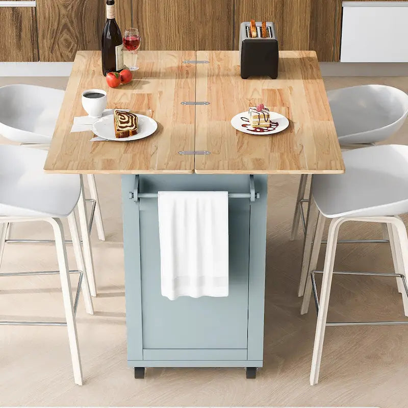 Kitchen Island with Foldable Counter Top, Kitchen Storage Cart with Slide-Out Shelf, Towel Rack and Drawer, Rolling Wheels – Image 29