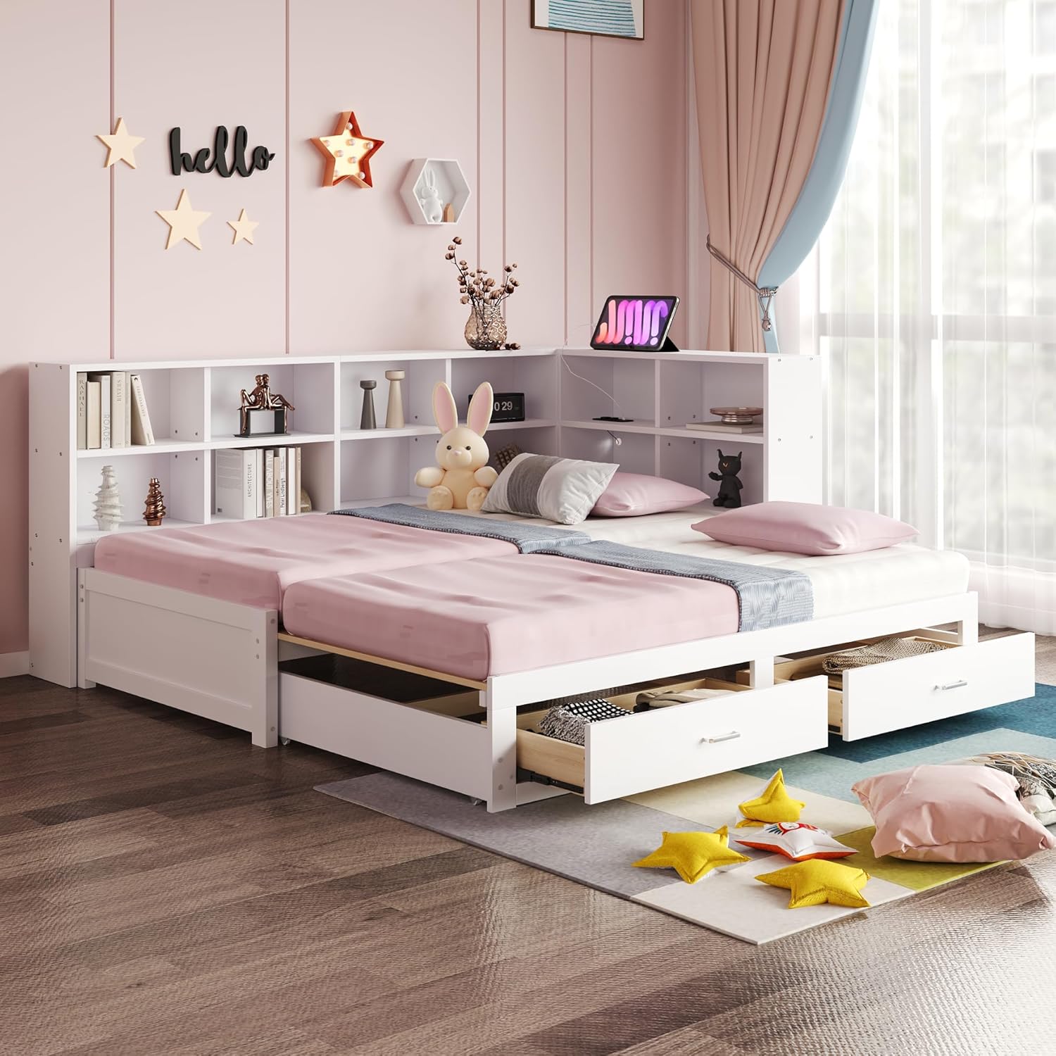 Lit Gigogne 90x190 cm + 180x190 cm - Lit en Bois avec Rangement et Prise Intégrée, Structure Pin et MDF, Matelas Non Inclus - Blanc – Image 4
