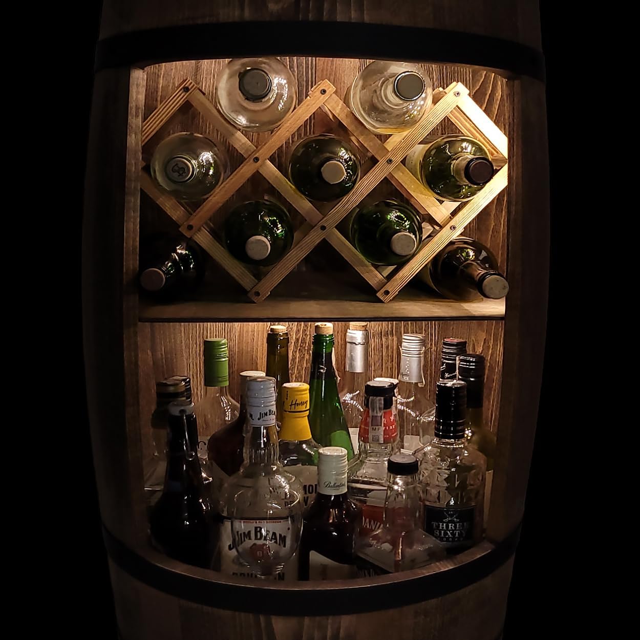 weeco Tonneau Bar en Bois avec Éclairage LED – Casier à Vin avec 2 Étagères et Porte-Bouteilles – Bar Rustique pour Salon ou Cave à Vin – Décoration Vintage – 80x50cm Marron – Image 8