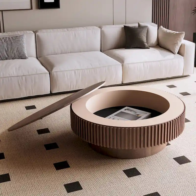 Modern Solid Wood Veneered Round Coffee Tea Table with Storage – Image 4