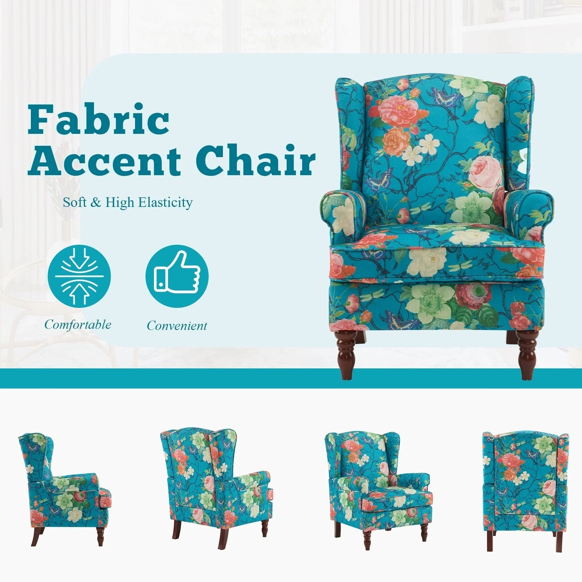 Erommy Modern Accent Chair, High Back Armchair, Upholstered Fabric Button Single Sofa with Wooden Legs for Living Room – Image 156