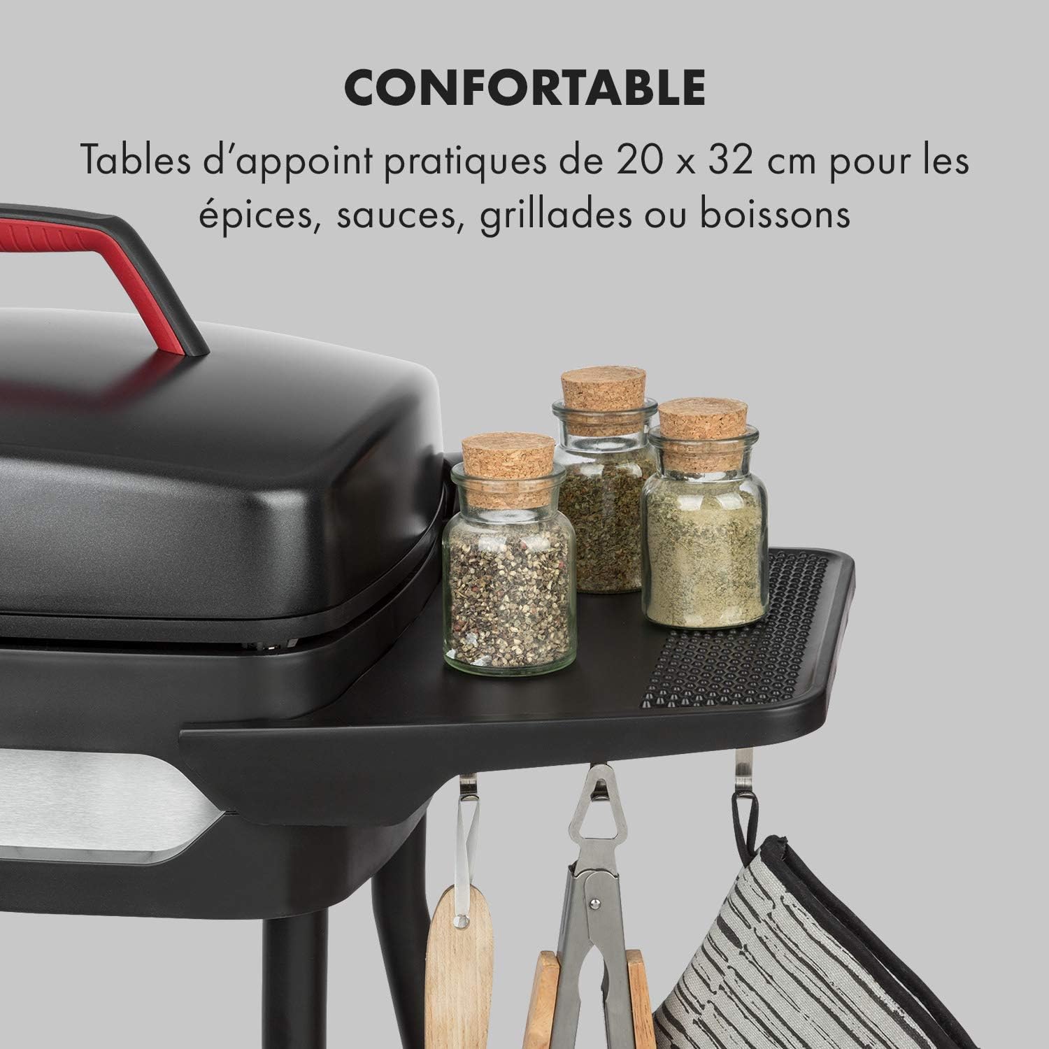 Klarstein Gatsby Gril électrique sur pied Gril de table : 2000 W, EasyGrill Concept, surface de gril: 40 x 36 cm/aluminium moulé sous pression/antiadhésif/couvercle, deux tables d'appoint, noir – Image 3