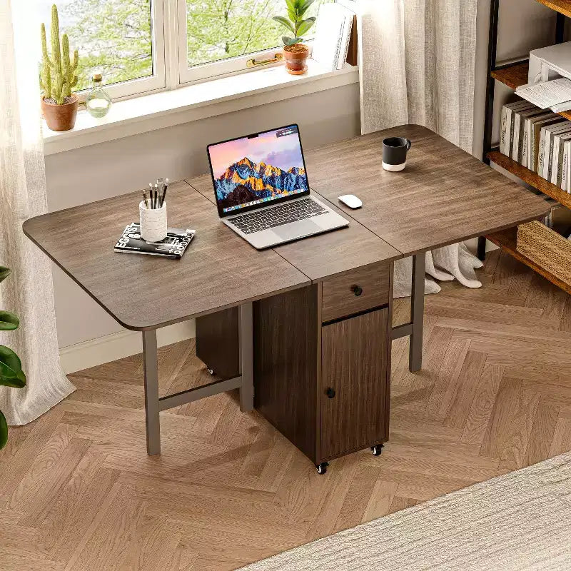 ATJafurn 59'' Foldable Dining Table with Drop Leaves for Small Space, Rectangular Wooden Extendable kitchen Table with Wheels and Storage – Image 11