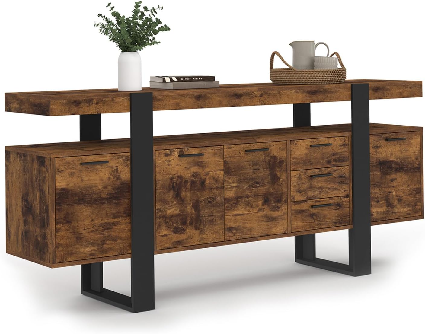IDMarket - Buffet 180 cm Phoenix XXL 4 Portes avec 3 tiroirs Bois Effet Vieilli et Noir