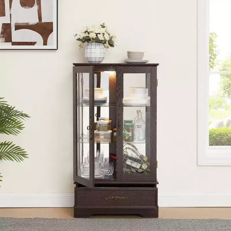 Lighted Glass Curio Cabinet with Adjustable Shelves - Elegant 2-Door Display Cabinet & Built-in Drawer, Includes Bulb – Image 25