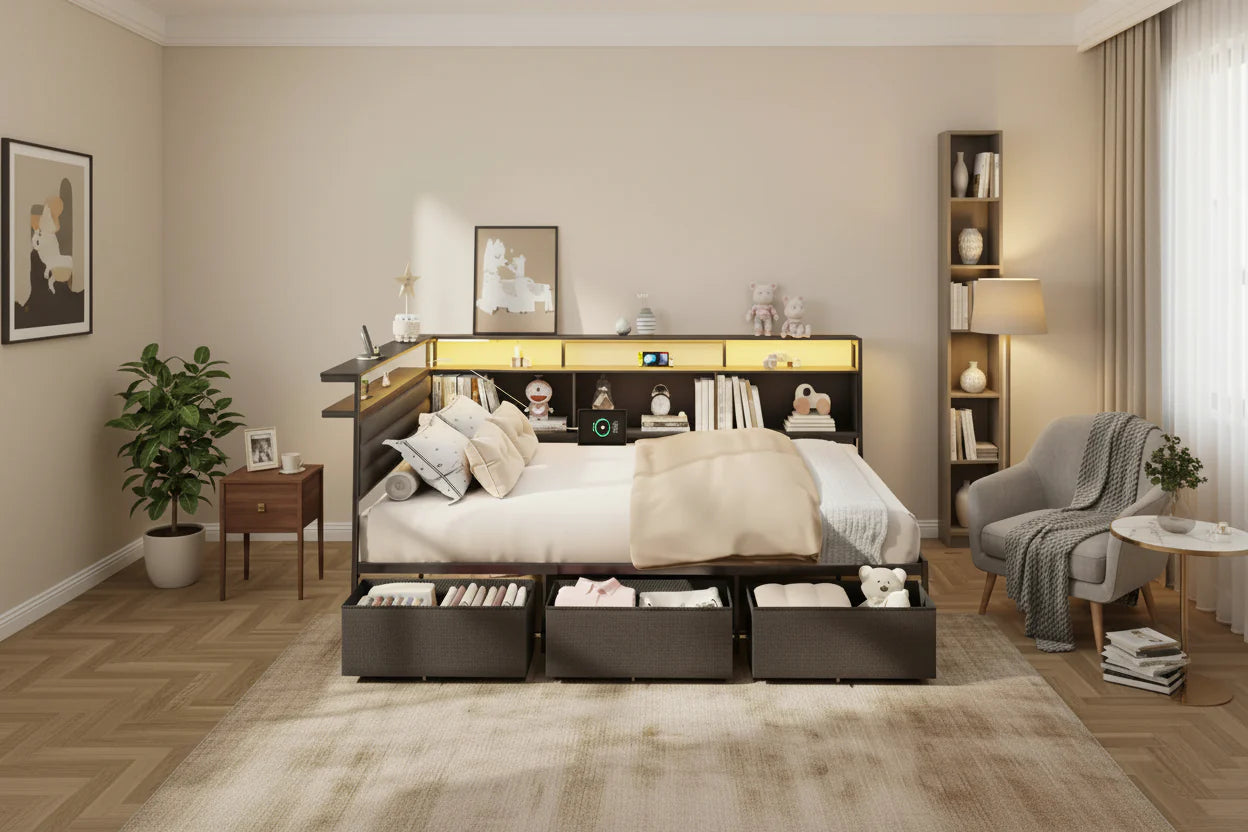 Black Full Bed Frame with LED Lights Charging Station Storage Bookcase 3 Drawers Upholstered Headboard Corner Daybed No Box Spring Support – Image 2