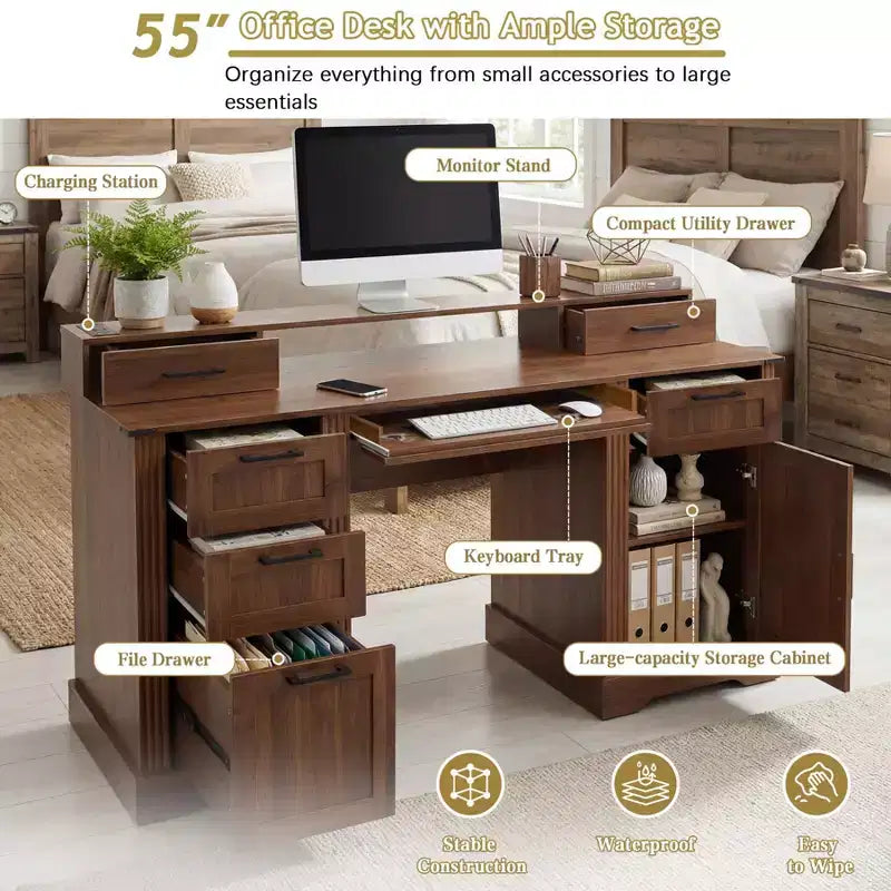 59 Executive Desk with 6 Drawers, Wooden Computer Desk with File Drawer & Charging Station, Home Office Desk Conference Table for Home Office – Image 8