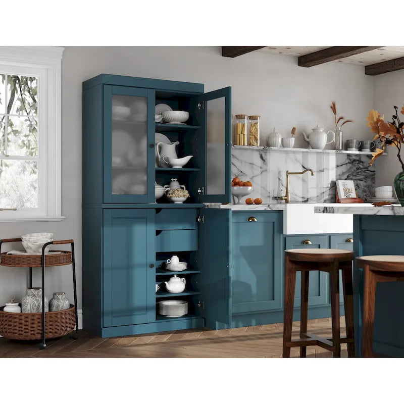 100% Solid Wood Pantry Cabinet with Frosted Glass Doors, Solid Doors, 2-Drawers and Adjustable Shelves – Image 10