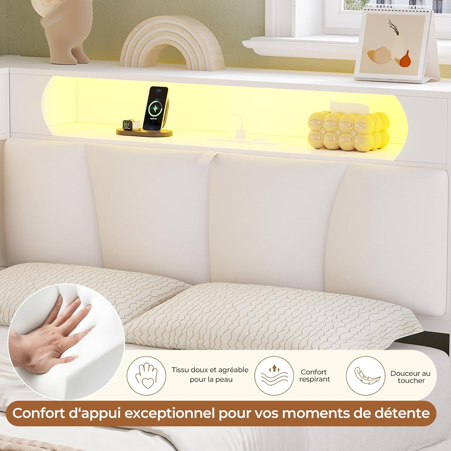 DICTAC Lit 90x190 en L – Banquette-Lit 1 Place avec Tête de Lit Capitonnée (Rangement Secret + Table de Nuit Intégrée), LED RGB & Recharge | Idéal pour Studio & Chambre (Blanc) | 3tiroirs sous le lit – Image 4
