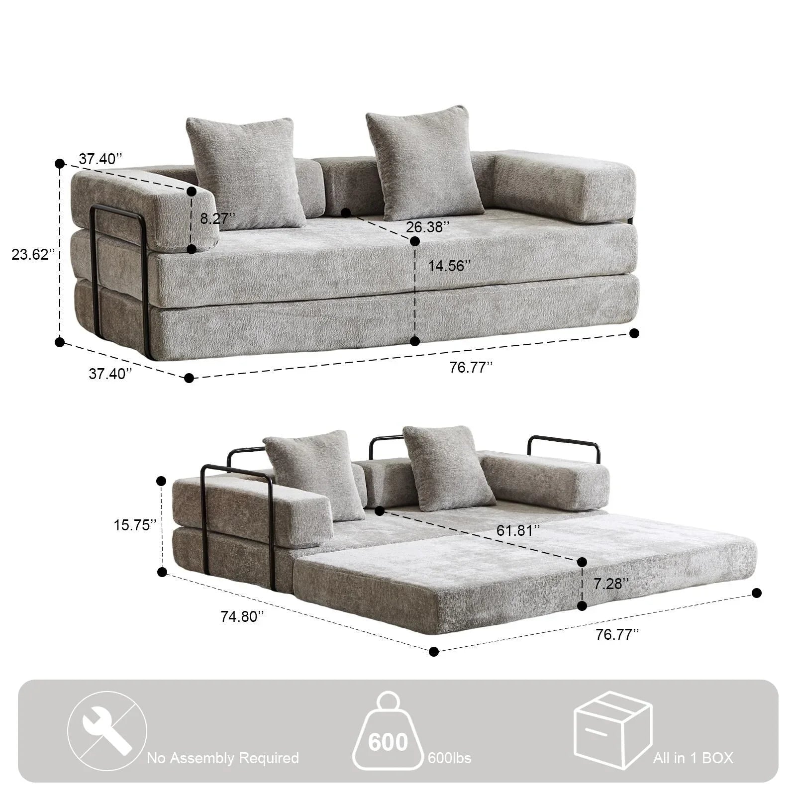 Convertible Floor Sofa Bed with Pillow Back Chenille Fabric for Living Room Bedroom – Image 8