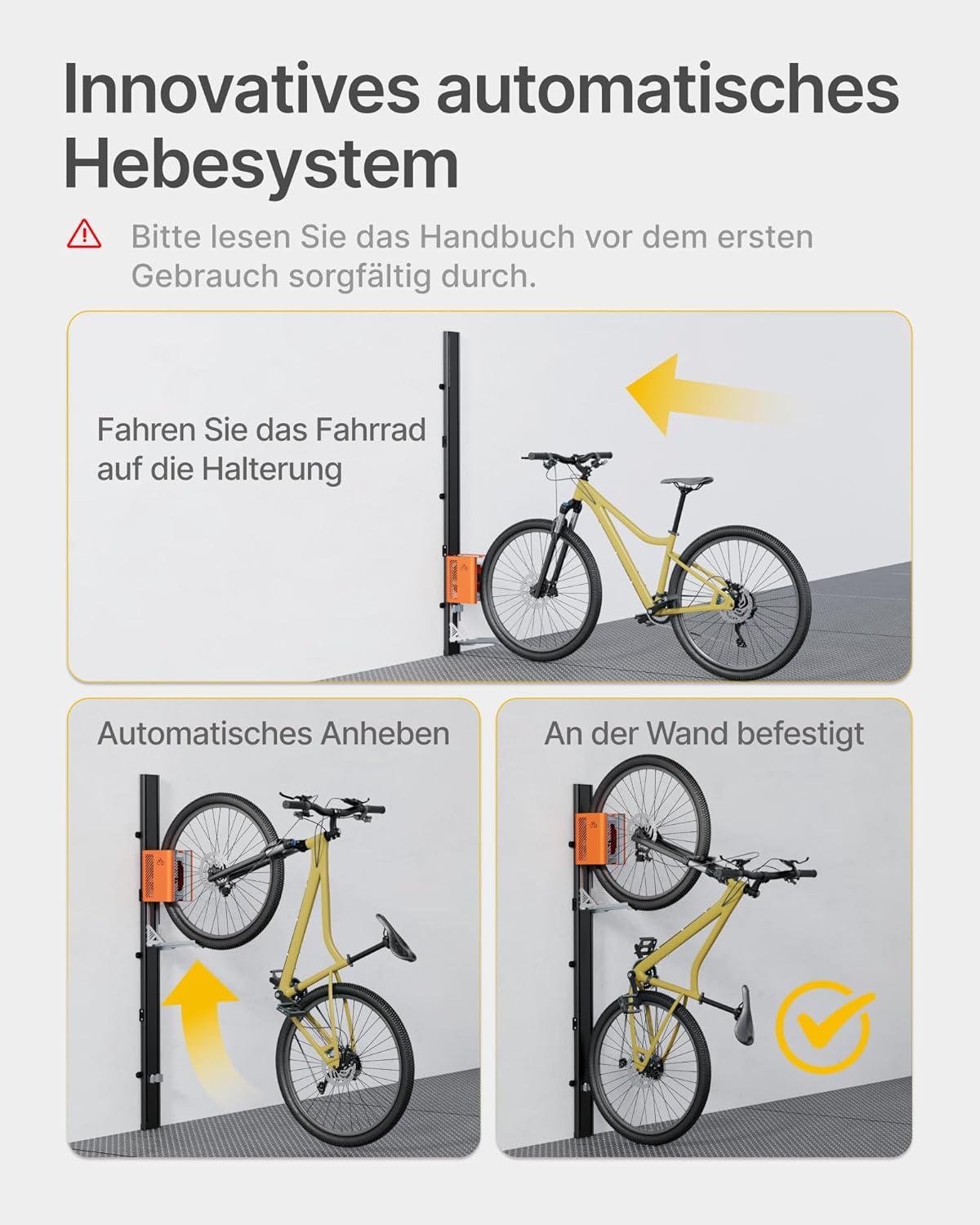monTEK Porte-vélo automatique – Porte-vélo vertical pour vélos lourds (jusqu’à 32 kg) – Montage simple, support mural peu encombrant pour garage, remise, appartement – Pour pneus 24-29, vélos – Image 2