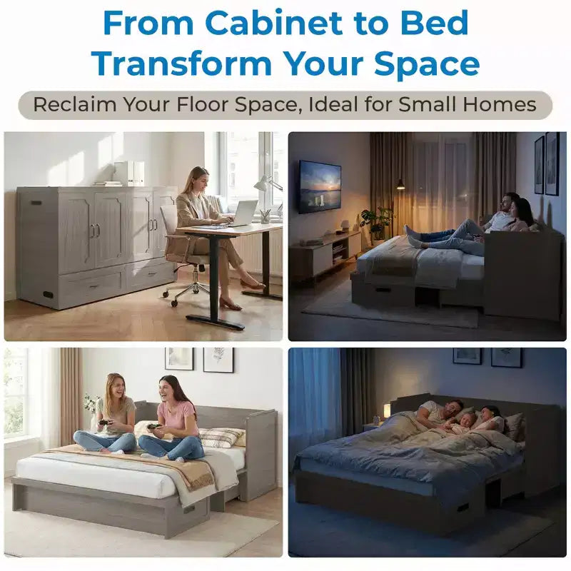 Mjkone Queen Size Convertible Murphy Cabinet Bed with Mattress, USB Charging, Storage Drawers – Image 41