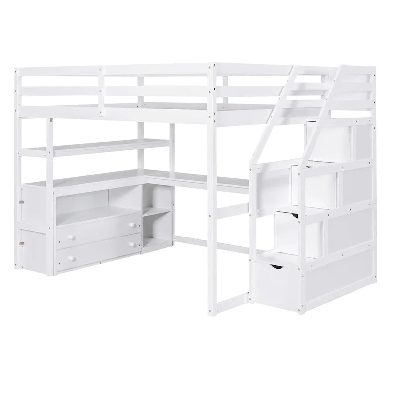 Full Size Loft Bed with Desk and Shelves, Two Built-in Drawers, Storage Staircase, Gray – Image 6