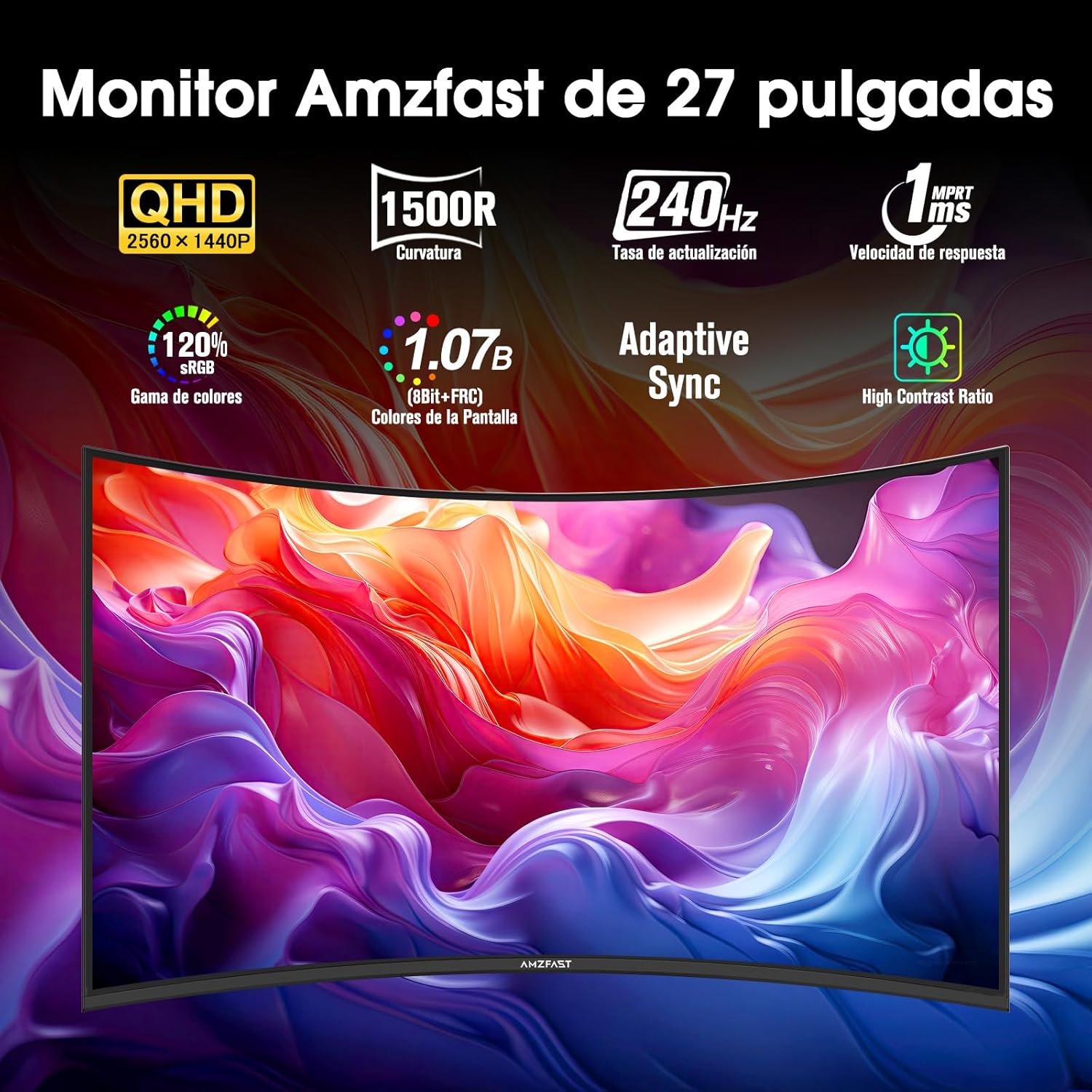 Amzfast Écran PC Gaming 27 Pouces Incurvé, 2K QHD(2560 x 1440), 240Hz Moniteur, 1Ms MPRT, 1500R, sRGB 120 pour cent, Adaptive Sync, Low Blue Light,VESA 100 * 100, HDMI 2.0 * 2/DP 1.4 * 2, AMZG27C1Q Pro – Image 3