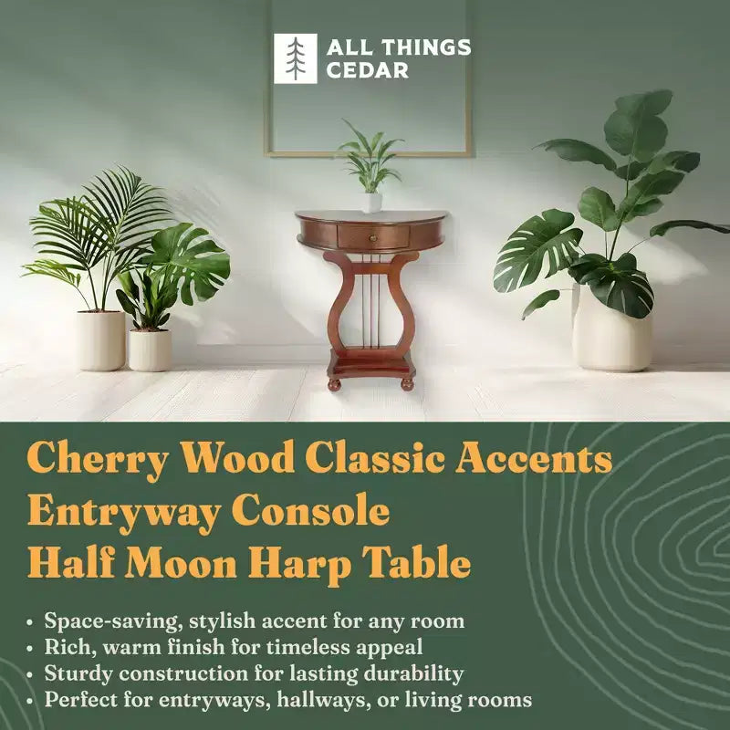 All Things Cedar Wooden Half Moon Harp Console Table with Storage Drawer for Living Room and Entryway Accent Furniture, Classic Accents, Cherry – Image 2