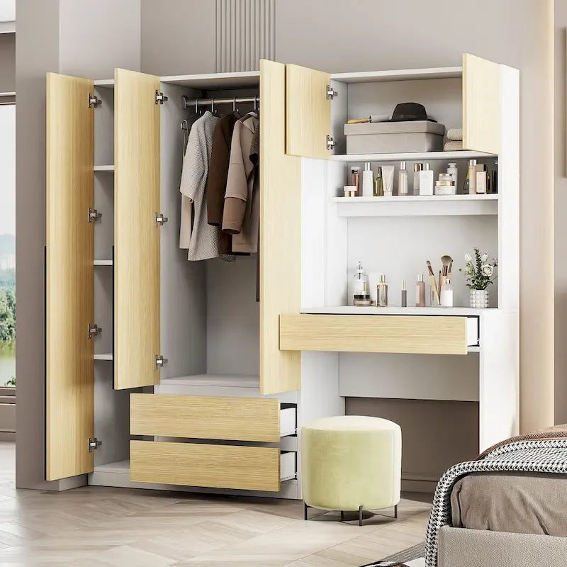 3-in-1 Wardrobe Closet with Vanity Desk, Desk Set, Bedroom Armoire with 2 Drawers 3-Door Storage Desk Wardrobe – Image 17