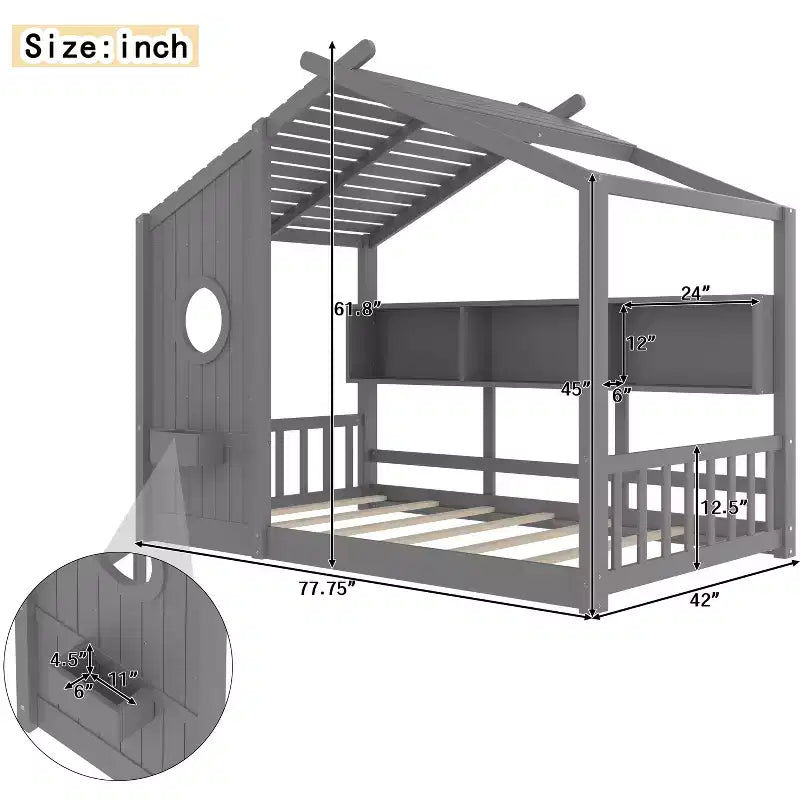 Polibi Floor House Bed with Built-In Storage Shelves & Slatted Roof – Image 9