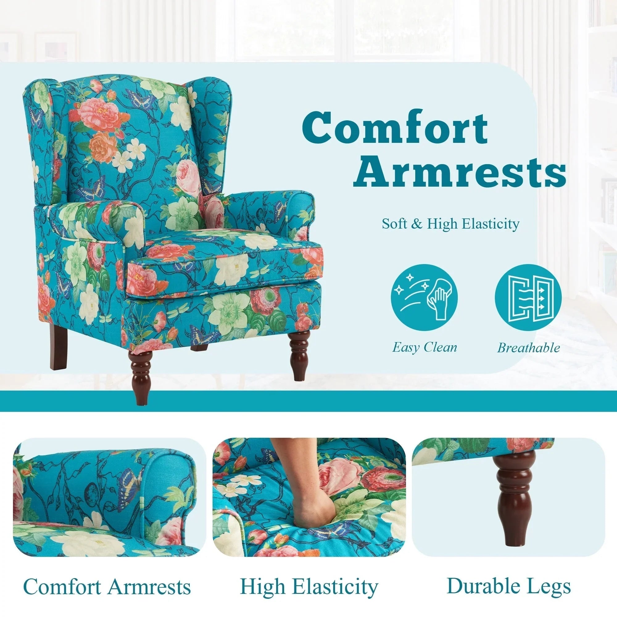 Erommy Modern Accent Chair, High Back Armchair, Upholstered Fabric Button Single Sofa with Wooden Legs for Living Room – Image 155