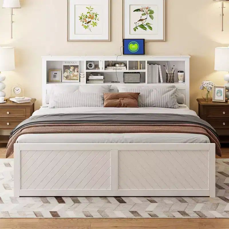 FAMYYT King Size Wood Platform Bed with Multi-storage Headboard, USB and Drawers, Easy Assembly